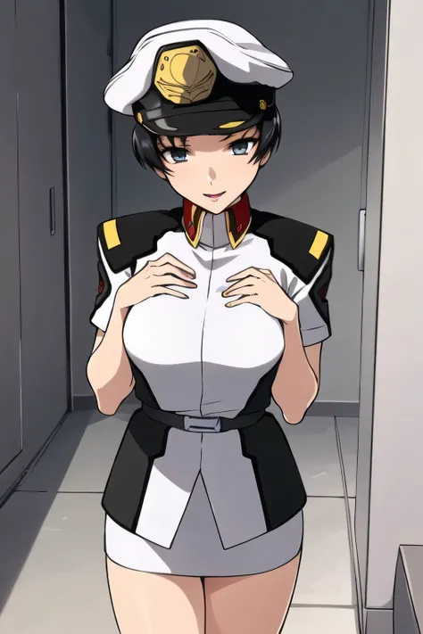 一people立つ,smile,I'm drawing the expression of。depicts her expression more delicately,she's wearing a military hat, With legs ,It completely interferes with escape, black leather micro mini skirt , wearing miniskirt police uniform ,その仕事は1people々々々々々...