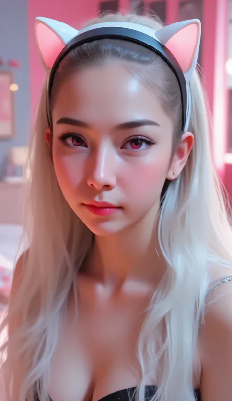 1 girl, sexy 18 year old girl , girl with long white hair, pink eyes, futuristic vibes, cat headphones, 8k, high quality, simple background, glowing eyes, nice pose , pigtails, beautiful face, gorgeous, beautiful, beautiful, beautiful face, pale skin, part...