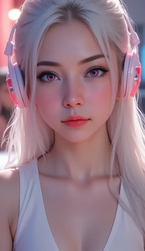 1 girl, sexy 18 year old girl , girl with long white hair, pink eyes, futuristic vibes, cat headphones, 8k, high quality, simple background, glowing eyes, nice pose , pigtails, beautiful face, gorgeous, beautiful, beautiful, beautiful face, pale skin, part...
