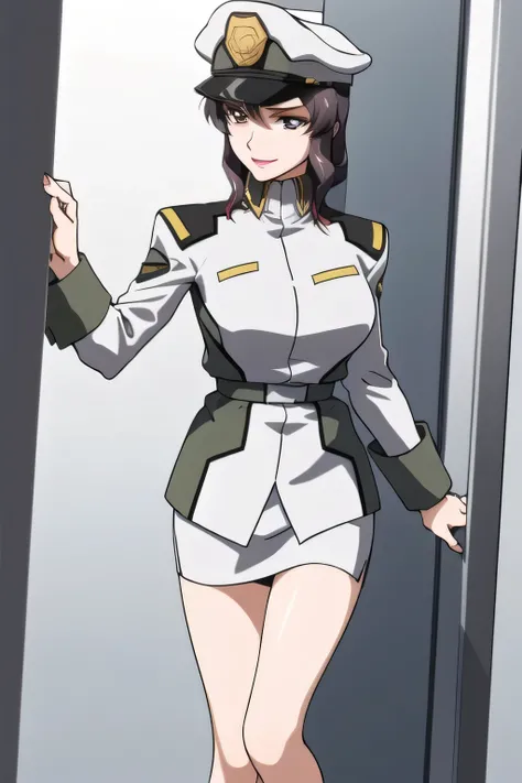 一people々々stand,smile,I'm drawing the expression of。It depicts her expression more delicately,she's wearing a military hat, With legs ,It completely interferes with escape, black leather micro mini skirt , wearing miniskirt police uniform ,その仕事は1p...