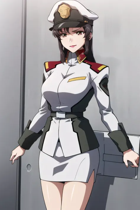 一people々々stand,smile,I'm drawing the expression of。It depicts her expression more delicately,she's wearing a military hat, With legs ,It completely interferes with escape, black leather micro mini skirt , wearing miniskirt police uniform ,その仕事は1p...