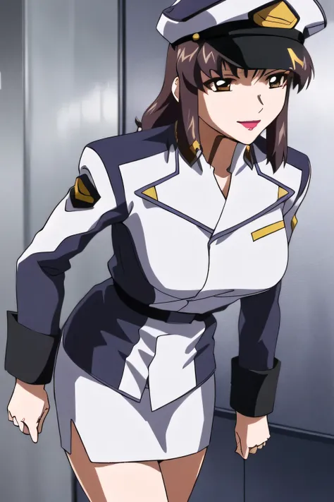 一people々々々stand，smile，I'm drawing      the expression of。It depicts her expression more delicately，She's wearing a military cap， With legs  ，It completely interferes with escape，  black leather micro mini skirt ， wearing miniskirt    police uniform ，その仕事は...