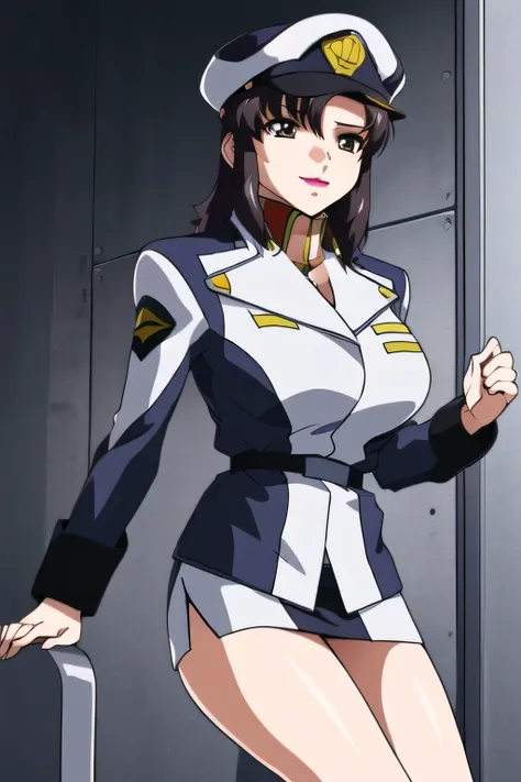  一people々々々stand，smile，I'm drawing      the expression of。It depicts her expression more delicately，She's wearing a military cap， With legs  ，It completely interferes with escape，  black leather micro mini skirt ， wearing miniskirt    police uniform ，その仕事は...