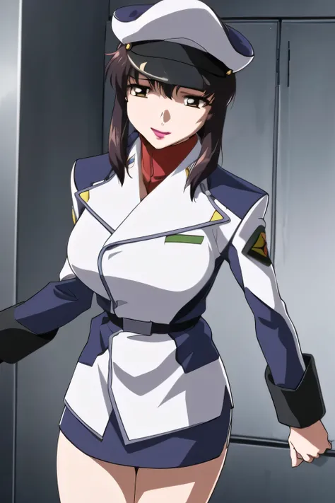  一people々々々々々stand，smile，I'm drawing        the expression of。It depicts her expression more delicately，She's wearing a military cap， With legs  ，It completely interferes with escape，  black leather micro mini skirt ， wearing miniskirt    police uniform ，そ...