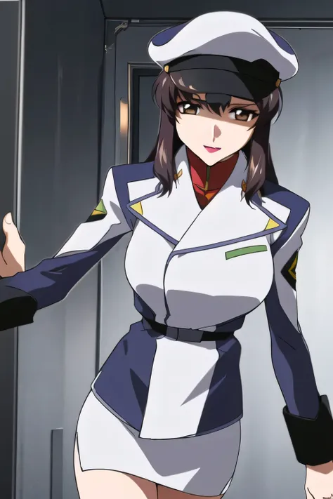  一people々々々々々stand，smile，I'm drawing        the expression of。It depicts her expression more delicately，She's wearing a military cap， With legs  ，It completely interferes with escape，  black leather micro mini skirt ， wearing miniskirt    police uniform ，そ...