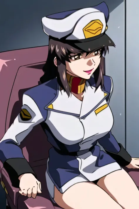  Can you draw sitting on a cockpit chair，一people々々々々々stand，smile，I'm drawing        the expression of。It depicts her expression more delicately，She's wearing a military cap， With legs  ，It completely interferes with escape，  black leather micro mini skirt ...