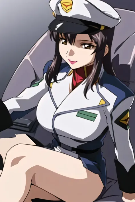  Can you draw while sitting in the cockpit chair，one，smile，I'm drawing         the expression of。It depicts her expression more delicately，she's wearing a military hat， With legs  ，It completely interferes with escape，  black leather micro mini skirt ， wea...