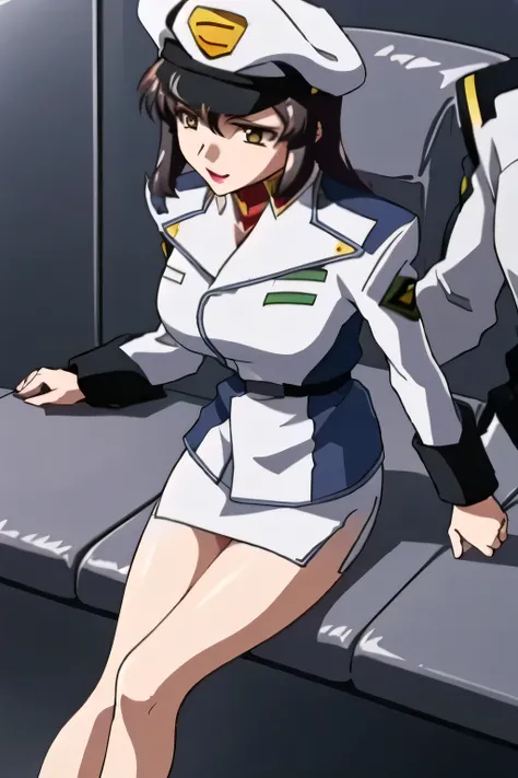  sitting in a seat,Can you draw an accurate representation of hands and legs,      the expression of。It depicts her expression more delicately，she's wearing a military hat， With legs  ，It completely interferes with escape，  black leather micro mini skirt ，...