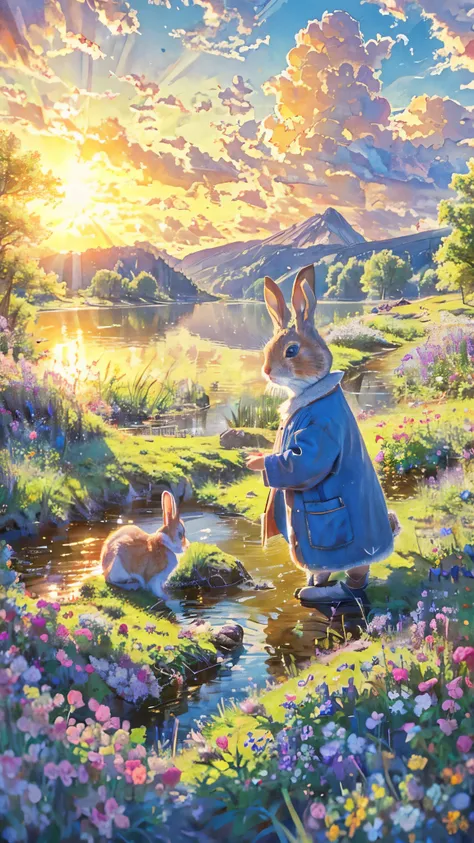 Peter Rabbit,gentle touch in such a place,Colored pencil,Rabbit, Dutch dwarf ,4K,high resolution,realistic,Peaceful Atmosphere,warm colors,real,Masterpiece,Extremely detailed,lake