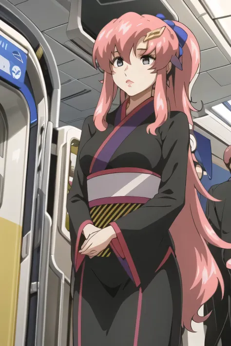 Black uniform like a kimono, I'm wearing a black and pink uniform ,micro miniskirt,Faces are important,standing,your smile is amazing,Pink hair roots,nice smiles,Can you draw a woman looking at a train,waiting for the train女性は描けますか, ,congestion,waiting fo...