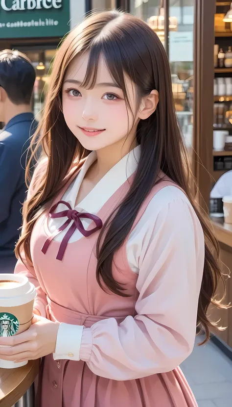  A beautiful Japanese woman wearing a pink dress is holding coffee in her hand at Starbucks coffee、Long Hair、Ultra high definition live action 、26 years old、Shiraishi Mai