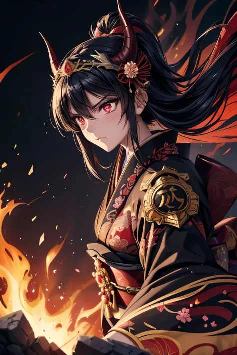 1girl, (final boss:1.4), (majestic presence:1.3), (traditional Japanese armor + elegant kimono fusion outfit:1.4), (long flowing black hair), red eyes, (ornate hairpins), (headdress with golden ornaments), (horns:1.2), (elaborate patterns), fluttering slee...