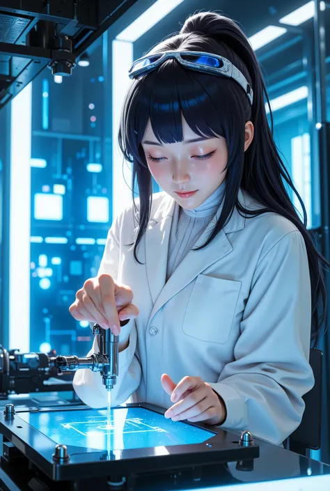 Hyūga_Hinata, Asian woman ,Clean horsetail,Dressed in a white lab coat,Wear goggles,Precision instruments operating in a modern laboratory,Behind it are large displays and various experimental equipment,The laboratory lights are cool blue,The picture is ...