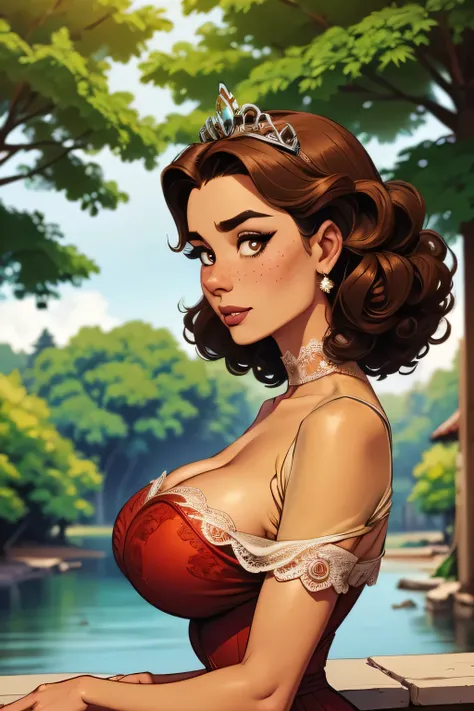 ( Absurdo, hd , Ultra detailed, be careful with your hand ) Close-up view of a slim and athletic woman, 25 anos, 8k (( high definition )), thoughtful face, look seductive, brown eyes sweater, wears a royal red high-waisted long dress (( with lace V-neck ...
