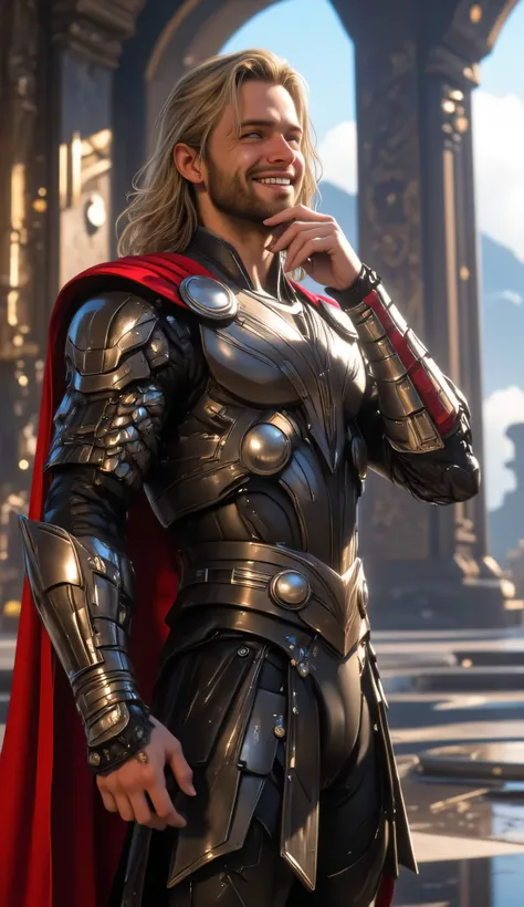 A full-body, hyper-realistic, ultra-detailed 8K cinematic image of Thor standing confidently while checking his own appearance. Thor poses with one hand on his hip and the other touching his chin or jawline, striking a classic “handsome hero” pose. He wear...