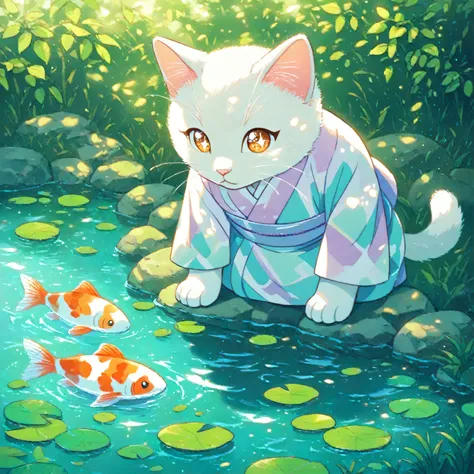 In the foreground, there is a serene pond bordered by large, smooth stones and patches of green grass. Its clear surface reflects floating lily pads while beneath the surface, colorful koi swim gracefully through the water, creating gentle ripples. Behind ...
