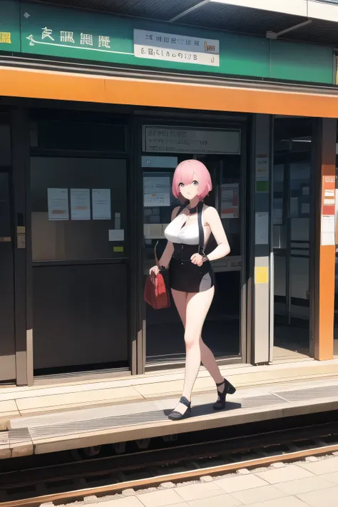pink hair at the base，short hair，black sleeveless armor combat uniform，nice smiles，Can you draw a woman looking at a train，can you draw a woman waiting in front of the car in front of you，東京の地下鉄ホームでwaiting for the train女性は描けますか， ,congestion,waiting for the...