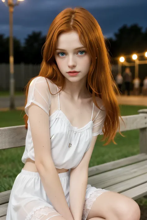 (age eihgt skinny redhead girl:1.2) ((white sheer clothes)) in a bench at night waiting for a bus, cute young girl, beautiful young girl, she has long red hair, emerald green eyes, she is redhead, red haired girl, very pretty model, beautiful girl model, ...