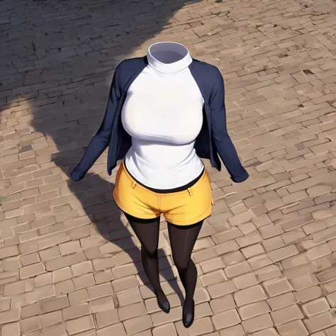 (invisible:1.5, no humans:1.5, headless:1.5, faceless:1.5), ( aarosa, shirt, raglan sleeves, short shorts, yellow shorts, pantyhose under shorts, black pantyhose, dynamic pose:1.2), in city, from above, (big breast), (best quality, masterpiece:1.2), (((det...