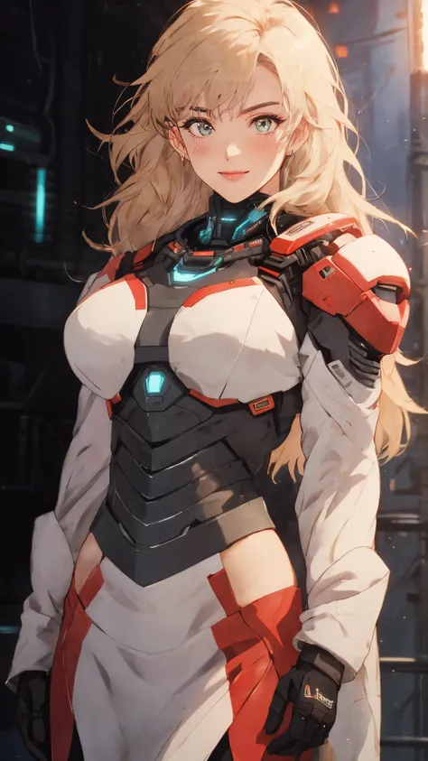 masterpiece, best quality, a beautiful woman with long shiny hair, choppy bangs, delicate face, passionate gaze, perfect smille, blush, seductive expression, tall and fit figure, perfect body, perfect skin, seductive pose, sexy Futuristic Technological Nan...