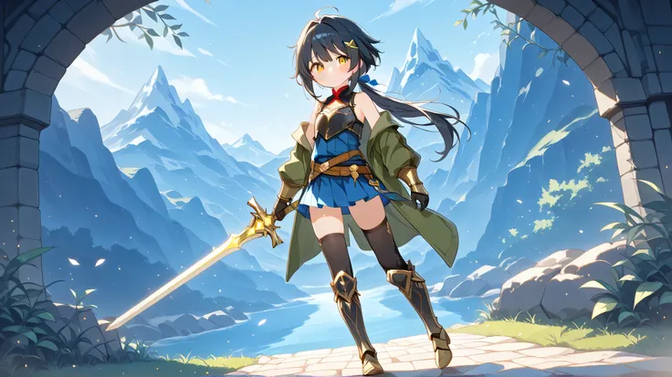 anime style、1 very young girl、The Hobbit、full body image、bold pose、Flat chest、 navy blue shirt、Green jacket、black chest armor、black hair、long hair、low ponytail、Long bangs only on the right、Separate your bangs on your right side、big eyes、Golden Eyes、mouth、O...