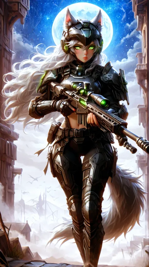 Masterpiece, best quality, amazing quality, absurdres, very aesthetic, lazypos, 3D, 1 woman, (woman , tall, slim, medium-big chest, large hip, silver long hair, fluffy hair, wolf ears, fluffy ears, wolf eyes, fluffy tail, clear skin), smooth natural moonli...