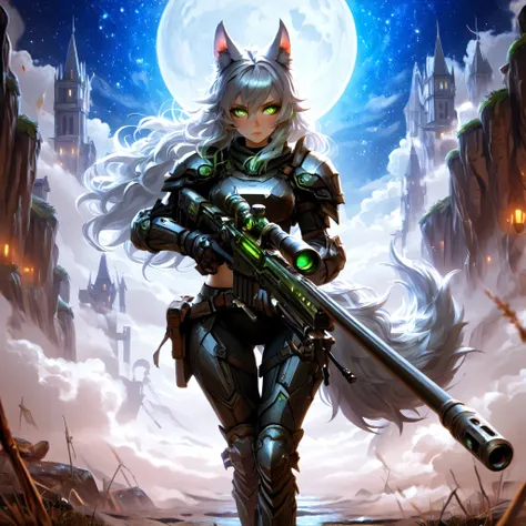 Masterpiece, best quality, amazing quality, absurdres, very aesthetic, lazypos, 3D, 1 woman, (woman , tall, slim, medium-big chest, large hip, silver long hair, fluffy hair, wolf ears, fluffy ears, wolf eyes, fluffy tail, clear skin), smooth natural moonli...