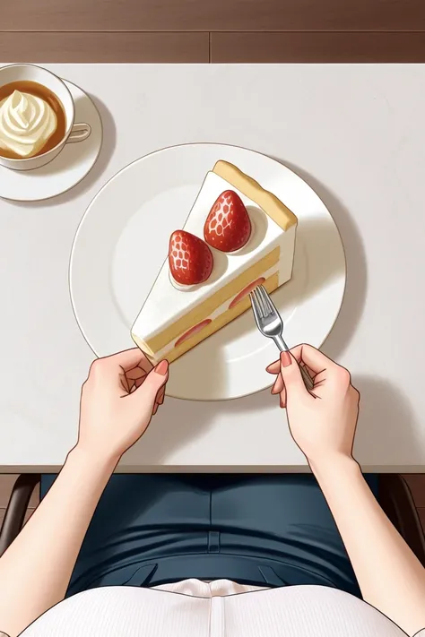 female_pov:1.1, from above view:1.1, sitting-and-eating-female-pov, a shortcake on a dish on the table, holding a fork in the left hand, other arms slightly shown:1.1
