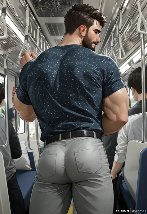 score_9, score_8_up, score_7_up,standing in a crowded train , bearded man, bara, lean, detailed , gay, 1boy, (bubble butt:0.7), perfect ass, 1male, casual clothing, side view, profile,Stealth dry humping from behind, over pants, stealth dry hump, crowded p...