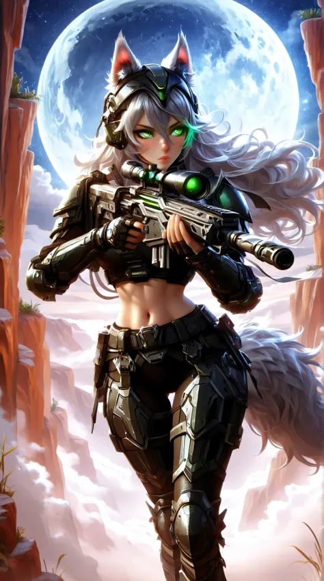Masterpiece, best quality, amazing quality, absurdres, very aesthetic, lazypos, 3D, 1 woman, (woman , tall, slim, medium-big chest, large hip, silver long hair, fluffy hair, wolf ears, fluffy ears, wolf eyes, fluffy tail, clear skin), smooth natural moonli...