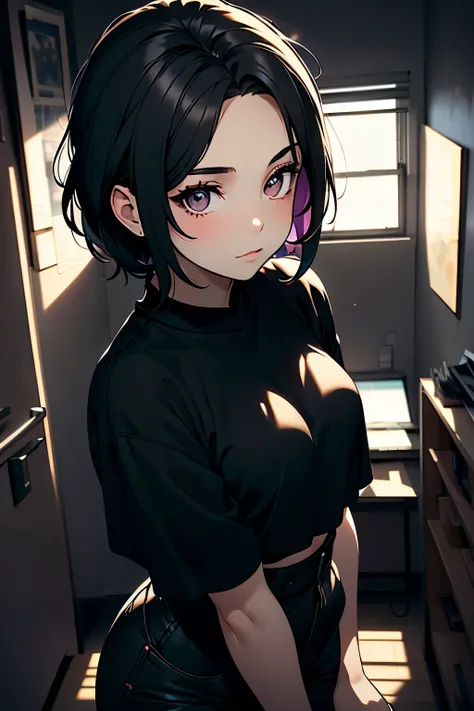    young girl, 14 anos, bonita, Pretty short black Pixie,  , wearing a casual black blouse . best quality style, obra-prima, ((pretty face)) hd, seen from above