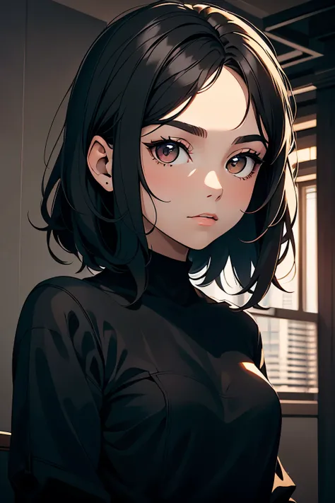    young girl, 14 anos, bonita, Pretty short black Pixie,  , wearing a casual black blouse . best quality style, obra-prima, ((pretty face)) hd, focus on the face,