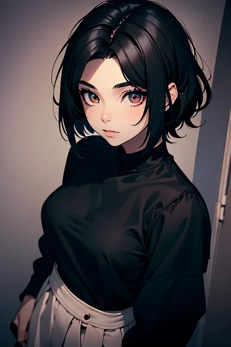    young girl, 14 anos, bonita, Pixie style cut black hair,  , wearing a casual black blouse . best quality style, obra-prima, ((pretty face)) hd, seen from above