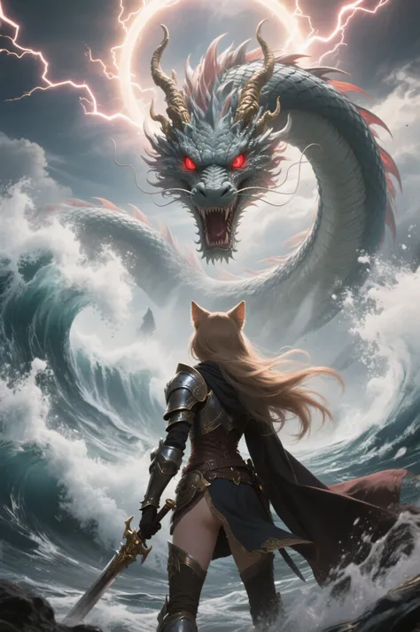 Epic fantasy style, colossal godly sea serpent dragon inspired by Final Fantasy, Leviathan-like divine beast, majestic and terrifying, summoning a gigantic tsunami, walls of water rising and crashing violently, eyes glowing with intense red beams, violent ...