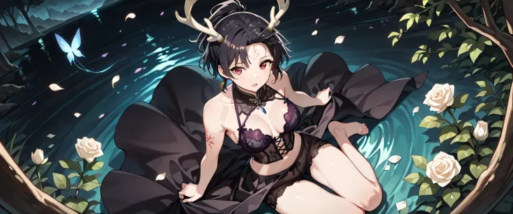 ((masterpiece, best quality, ultra detailed, high resolution, beautiful detailed face, beautiful detailed eyes, perfect hands, 4K)), (1 woman, solo), red cute horn (asian dragon horns, curved and branching like deer antlers, natural bone texture, elegant a...
