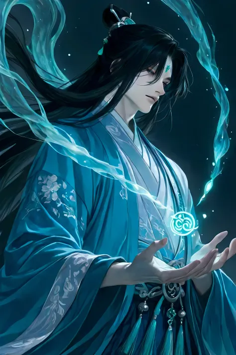 Elegant male xianxia cultivator, long flowing black hair, sharp ethereal facial features, pale porcelain skin, calm violet eyes, dressed in a light blue and white hanfu with intricate embroidery and jade accessories, flowing sleeves, jade pendant and tasse...