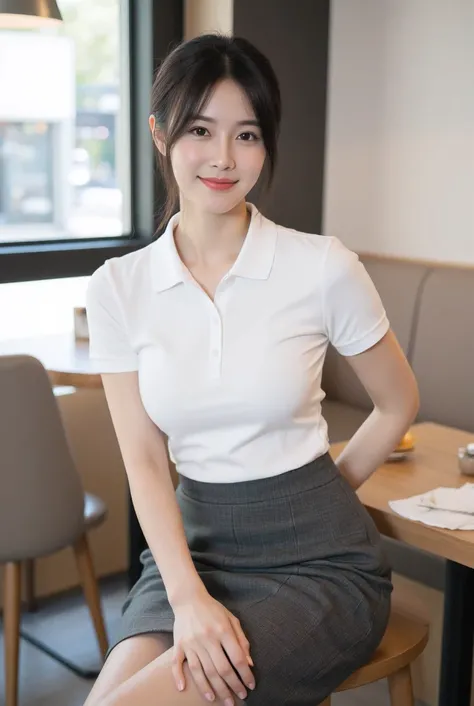(A beautiful mature Japanese woman in her 30s)
(A long, thin, neat face, glossy lipstick)
(Short, slightly wavy black hair)
((Slender body, slender waist, beautiful bust silhouette: 1.4))
(White short-sleeved polo shirt, top two buttons undone)
(Charcoal g...