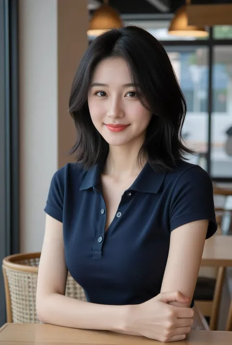 (A beautiful mature Japanese woman in her 30s)
(A long, thin, neat face, glossy lipstick)
(Short, slightly wavy black hair)
((Slender body, slender waist, beautiful bust silhouette: 1.4))
(Dark blue short-sleeved polo shirt, top two buttons undone)
(Lookin...