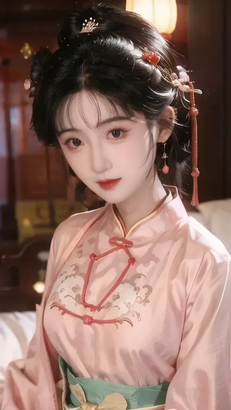 1 beautiful girl,Best Quality,(painting:1.5),Chest,torii,,depth of field, detailed face ,facial focus,ribbon_trim,(watching the audience in bed:1.25),Smile,Thick lips,Real People,colorful cheongsam