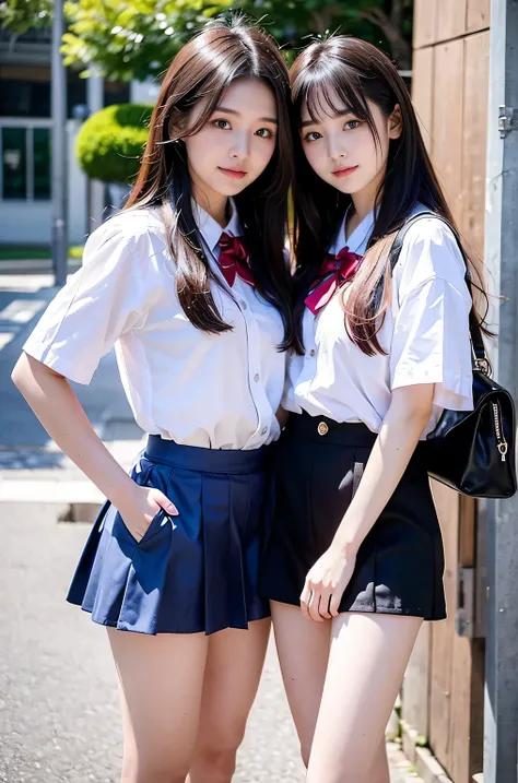 Two girls (18 years old, Japanese pretty face) are wearing high school uniforms with mini skirt on Spring sunny day.