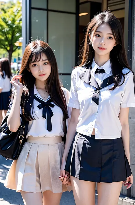 Two girls (18 years old, Japanese pretty face) are wearing high school uniforms with mini skirt on Spring sunny day.
