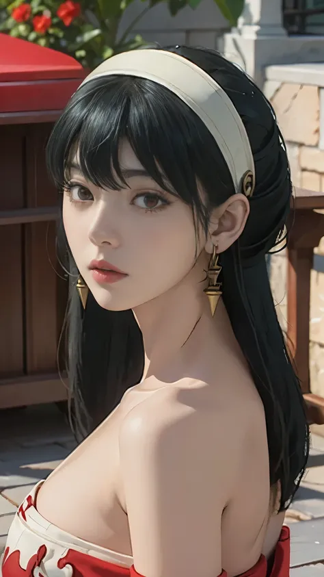 masterpiece, best quality, high_resolution, finely detailed, extremely detailed and beautiful, distinct_image, 1 girl, solo, from below, black hair, red eyes, white bandana,red long dress,thorn earings,(huge breasts),), outdoor, plants, botanical garden, a...