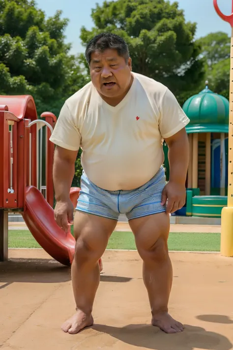 Thick Japan middle-aged man in his 50s, 1man, retarded, He wears a Big Diapers and Rompers, Bare Thighs, Pampers, shirtsless, ((peeing self, wetting self, pee stains,)), ((trembling, fear expression, scared, looking at viewer)), kindergarten background, It...