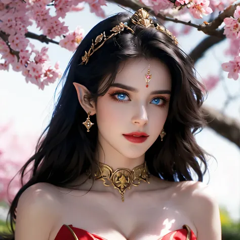 One 20 year old girl, (breast :1.1), navel,upper body,deep cleavage,bare shoulders, minimal visible abs,wears red tube top,deep neckline ,exposing cleavage,red skirt, blue gems,shiny skin,natural skin,hand in own hair,(mature female),milf, beautiful cai li...