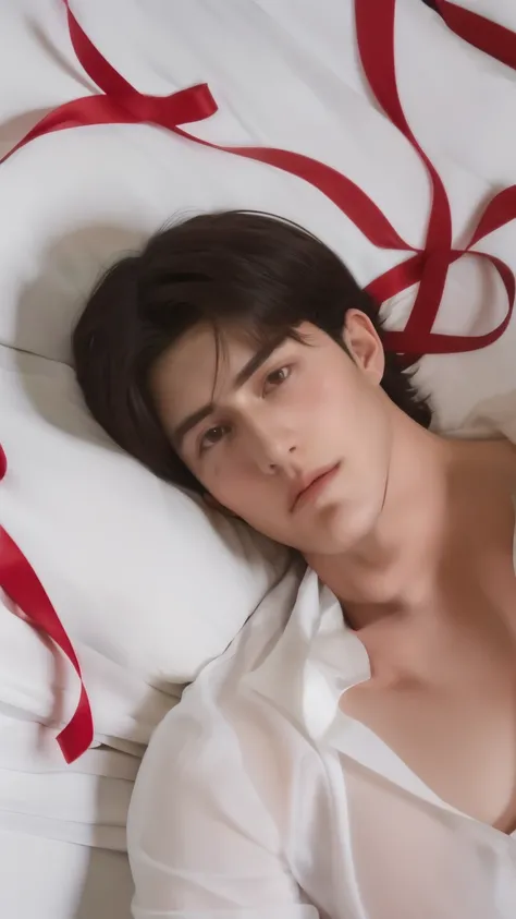 A handsome young Caucasian man with sharp, chiseled facial features, slightly tousled dark hair, wearing a slightly open white shirt, lying in a relaxed pose on a soft bed, surrounded by flowing red ribbons (no flowers), gentle natural lighting, soft shado...