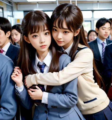 2 cute high school girls、( high school girl in uniform)、full body photo撮影、(Get on a crowded train、(inside a crowded car))、(Bian、homosexuality)、( back hugging:1.4、I'll hug you from behind:1.4)、 Expressions of joy 、Ecstasy、full body photo、In a high school u...