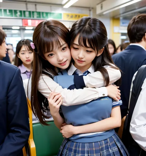 2 cute high school girls、( high school girl in uniform)、full body photo撮影、(Get on a crowded train、(inside a crowded car))、(Bian、homosexuality)、( back hugging:1.4、I'll hug you from behind:1.4)、 Expressions of joy 、Ecstasy、full body photo、In a high school u...