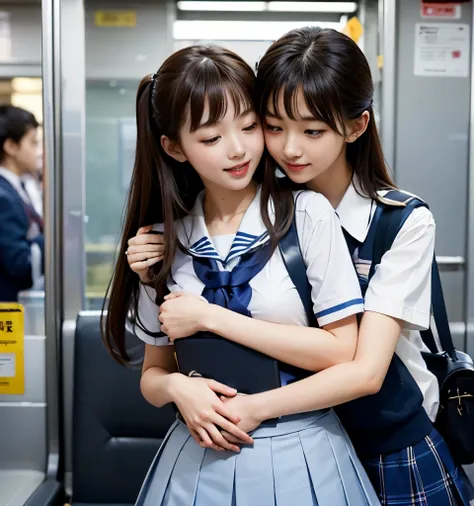 2 cute high school girls、( high school girl in uniform)、full body photo撮影、(Get on a crowded train、(inside a crowded car))、(Bian、homosexuality)、( back hugging:1.4、I'll hug you from behind:1.4)、 Expressions of joy 、Ecstasy、full body photo、In a high school u...