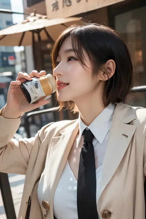 realistic、high image quality、Sharp details、8K、1 woman、7、Side View1.5 A small park lined with office buildings、((夏の暑い日に canned coffee を飲んでいる最中))、(( canned coffee を飲んでいる))、 canned coffee 、 canned coffee には渋いおじさんのイラスト、Outside sales position、having a short bre...