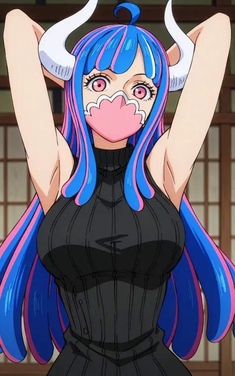 masterpiece, best quality, amazing quality, anime screencap, anime coloring, 1girl, solo, Ulti (character), curled horns, long hair, ahoge, pink hair, blue hair, multicolored hair, pink eyes, mouth mask, mask, black sweater, sleeveless sweater, ribbed swea...